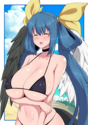 Rule 34 | 1girl, angel wings, arm under breasts, asymmetrical wings, bare shoulders, beach, bikini, black bikini, black choker, blue hair, blue sky, blush, border, breasts, choker, cleavage, closed eyes, cloud, collarbone, covered erect nipples, dizzy (guilty gear), fuuma (bangolga1), guilty gear, hair between eyes, hair ribbon, hair rings, highres, holding own arm, large breasts, long hair, looking at viewer, mature female, monster girl, navel, ocean, open mouth, red eyes, ribbon, sagging breasts, sidelocks, skindentation, sky, solo, stomach, swimsuit, tail, twintails, underboob, white border, wings, yellow ribbon