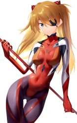 Rule 34 | 1girl, blue eyes, bodysuit, breasts, collarbone, curvy, evangelion: 3.0 you can (not) redo, eyepatch, hair between eyes, hair ornament, highres, holding, holding weapon, interface headset, kei (soundcross), lance of longinus (evangelion), long hair, looking at viewer, medium breasts, navel, neon genesis evangelion, orange hair, plugsuit, polearm, rebuild of evangelion, shiny clothes, simple background, skin tight, smile, solo, souryuu asuka langley, spear, standing, twintails, upper body, very long hair, weapon, white background, wide hips