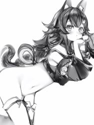 Rule 34 | 1girl, :&lt;, animal ear fluff, animal ears, back bow, bell, blush, bottomless, bow, crossed bangs, dot nose, greyscale, groin, hair ornament, hairpin, hands on own chin, highres, hololive, hololive gamers, leaning forward, long hair, looking at viewer, monochrome, nanashi (nlo), navel, ookami mio, paw pose, simple background, solo, tail, thigh strap, thighhighs, virtual youtuber, wavy hair, white background, wolf ears, wolf girl, wolf tail
