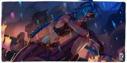 Rule 34 | 1girl, arcane: league of legends, arcane jinx, belt, border, braid, breasts, brown gloves, candle, cloud tattoo, commentary, crop top, dual persona, dutch angle, english commentary, fingerless gloves, ghost, gloves, goggles, goggles on head, hair over one eye, hair tubes, helixel, jinx (league of legends), league of legends, leg up, long hair, loose belt, multi-tied hair, narrow waist, navel, outside border, pants, petite, powder (arcane), purple eyes, purple pants, signature, sleeveless, small breasts, solo, stomach tattoo, striped clothes, striped pants, studded belt, stuffed animal, stuffed rabbit, stuffed toy, tattoo, twin braids, very long hair, white border