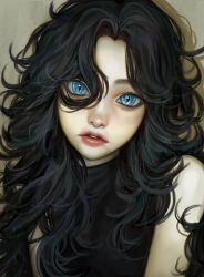 Rule 34 | 1girl, bare shoulders, black hair, blue eyes, hair between eyes, highres, kangcono, long hair, looking at viewer, messy hair, original, parted lips, photo-referenced, pink lips, slit pupils, solo, staring, turtleneck, upper body
