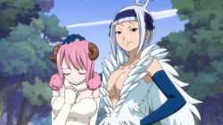 Rule 34 | 2girls, angel (fairy tail), aries (fairy tail), black eyes, blush, breasts, brown eyes, cleavage, fairy tail, feathers, fur, highres, horns, key, large breasts, multiple girls, pink hair, short hair, smile, smoke, white hair