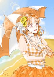 Rule 34 | 1girl, artist name, artist request, beach, blue sky, buttons, checkered clothes, checkered shirt, cloud, clover hair ornament, collarbone, day, female focus, flower, hair ornament, highres, holding, holding umbrella, love live!, love live! sunshine!!, nail, nail polish, ocean, orange hair, orange nails, orange shirt, orange skirt, parted lips, puffy sleeves, red eyes, shirt, short hair, skirt, sky, solo, sunflower, takami chika, umbrella, yellow flower