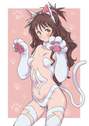 Rule 34 | 1girl, absurdres, animal ear fluff, animal ears, animal hands, arado balanga (xchd7538), bad id, bad pixiv id, blush, border, brown hair, cat ears, cat tail, choker, closed mouth, collarbone, cosplay, fake tail, felicia (vampire), felicia (vampire) (cosplay), fur choker, hair between eyes, hairband, halloween, highres, long hair, navel, patterned, patterned background, paw pose, paw print, paw print background, shiny skin, smile, solo, spiked hair, tail, to love-ru, to love-ru darkness, vampire (game), white border, white choker, white hairband, yellow eyes, yuuki mikan