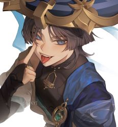 Rule 34 | 1boy, absurdres, arm armor, artist name, bare shoulders, black hair, black shirt, blue eyes, blue hat, blue vest, blunt ends, fang, fangs, fingernails, gem, genshin impact, gold, green gemstone, grey vest, hair between eyes, hand on own face, hand up, hat, highres, jewelry, jingasa, looking away, male focus, mandarin collar, necklace, official alternate costume, open clothes, open mouth, open vest, ring, scaramouche (genshin impact), sevkyi, shirt, short hair, short sleeves, simple background, sleeveless, sleeveless shirt, smile, solo, teeth, tongue, tongue out, two-tone vest, upper body, v-shaped eyebrows, veil, vest, vision (genshin impact), wanderer (genshin impact), watermark, white background