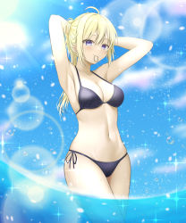 Rule 34 | 1girl, absurdres, arms behind head, bikini, black bikini, blonde hair, blue eyes, blue sky, breasts, cleavage, cloud, cowboy shot, highres, large breasts, lens flare, long hair, looking at viewer, mouth hold, original, ponytail, rubber band, sky, solo, standing, swimsuit, szl