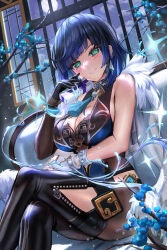 Rule 34 | 1girl, absurdres, asymmetrical gloves, black gloves, black hair, blue dress, blue hair, bob cut, box, branch, breasts, closed mouth, crossed legs, diagonal bangs, dice, dress, ear piercing, elbow gloves, feather-trimmed jacket, fingerless gloves, full moon, genshin impact, gift, gift box, gloves, gradient hair, green eyes, highres, himonoata, holding, holding gift, indoors, jacket, jacket on shoulders, large breasts, looking at viewer, mismatched gloves, moon, multicolored hair, neck tassel, night, night sky, piercing, short hair, single elbow glove, single fingerless glove, sitting, sky, smile, solo, tassel choker, vision (genshin impact), waist cutout, water, white gloves, window, yelan (genshin impact)