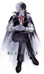 Rule 34 | 1boy, black hair, black jack, black jack (character), black jack (series), cape, character name, dress shirt, closed eyes, funpjinju, greyscale, hair over one eye, interlocked fingers, invisible chair, crossed legs, male focus, monochrome, multicolored hair, neck ribbon, own hands clasped, own hands together, ribbon, scar, shirt, short hair, sitting, solo, split-color hair, spot color, two-tone hair, vest, white hair