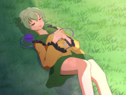 Rule 34 | 1girl, anime coloring, cato (monocatienus), closed eyes, commentary request, feet out of frame, frilled shirt collar, frilled sleeves, frills, from above, grass, green hair, green skirt, hair between eyes, interlocked fingers, koishi day, komeiji koishi, long sleeves, lying, miniskirt, no headwear, on back, own hands together, parted lips, shadow, shirt, skirt, sleeping, solo, thighs, third eye, touhou, wide sleeves, yellow shirt