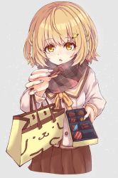 Rule 34 | 1girl, nanashi inc., alternate costume, animare, bag, box, box of chocolates, brown hair, chocolate, fingernails, food, hair ornament, hairclip, heavy breathing, highres, inaba haneru (animare), paper bag, religious offering, scarf, school uniform, short hair, simple background, solo, virtual youtuber, yellow eyes
