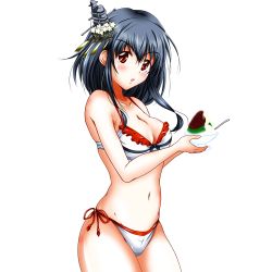 Rule 34 | 10s, 1girl, :o, adosan, angry, bikini, black hair, blush, bowl, breasts, cleavage, food, from side, hair ornament, kantai collection, large breasts, looking at viewer, mikuri ouda, navel, red eyes, shaved ice, short hair, side-tie bikini bottom, simple background, solo, spoon, swimsuit, white background, yamashiro (kancolle)