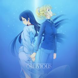Rule 34 | 10s, 2girls, ayase eli, blonde hair, blue background, blue hair, blue theme, holding hands, japanese clothes, kimono, long hair, looking down, looking up, love live!, love live! school idol project, mimori (cotton heart), multiple girls, pants, ponytail, sonoda umi, yuri