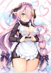 Rule 34 | 1girl, apron, black panties, black ribbon, black sweater, blue eyes, blush, bow, braid, breasts, bug, butterfly, cleavage, cleavage cutout, clothing cutout, commentary request, cropped legs, curvy, draph, frilled apron, frills, granblue fantasy, hair bow, hair ornament, hair over one eye, heart, heart-shaped pupils, heart hair ornament, heart hands, horns, insect, large breasts, legs together, long hair, looking at viewer, maid apron, narmaya (granblue fantasy), narmaya (valentine) (granblue fantasy), open mouth, panties, pointy ears, purple bow, purple hair, ribbon, shiero., shiny skin, smile, solo, standing, sweater, symbol-shaped pupils, turtleneck, turtleneck sweater, twintails, underwear, very long hair, white apron, wide hips
