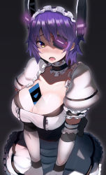 Rule 34 | 1girl, alternate costume, apron, ayakumo, blush, breasts, dress, eyepatch, frills, gloves, headgear, highres, kantai collection, large breasts, looking at viewer, maid, maid apron, maid headdress, open mouth, puffy sleeves, purple hair, short hair, skirt, solo, tenryuu (kancolle), yellow eyes