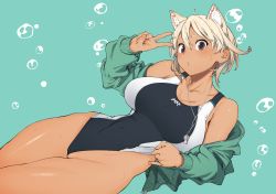 Rule 34 | 1girl, absurdres, ahoge, animal ears, aqua background, bad id, bad pixiv id, bare legs, black one-piece swimsuit, blonde hair, blush, breasts, brown eyes, bubble, cat ears, cleavage, closed mouth, clothing aside, commentary, competition swimsuit, dark-skinned female, dark skin, green jacket, hair between eyes, highres, jacket, kr ohoshisama, large breasts, looking at viewer, off shoulder, one-piece swimsuit, open clothes, open jacket, original, partially visible vulva, puckered lips, short hair, simple background, solo, sweat, swimsuit, swimsuit aside, thighs, two-tone swimsuit, unzipped, v, whistle, whistle around neck, white one-piece swimsuit