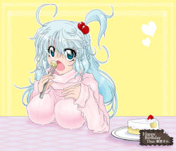 Rule 34 | 1girl, breasts, cake, eating, female focus, food, fork, hair bobbles, hair ornament, image sample, large breasts, md5 mismatch, mystic square, open mouth, pixiv sample, resized, resolution mismatch, shinki (touhou), solo, source larger, sweater, touhou, touhou (pc-98), yo-rindou