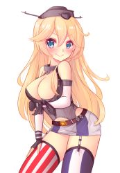 Rule 34 | 10s, 1girl, :&gt;, asymmetrical legwear, bare shoulders, belt, belt buckle, blonde hair, blue eyes, blush, breast hold, breasts, buckle, cleavage, elbow gloves, fingerless gloves, front-tie top, garter straps, gloves, hat, headgear, iowa (kancolle), kantai collection, large breasts, long hair, miniskirt, mismatched legwear, skirt, smile, solo, standing, striped clothes, striped skirt, striped thighhighs, thighhighs, vertical-striped clothes, vertical-striped skirt, vertical-striped thighhighs, yoshiheihe, zettai ryouiki