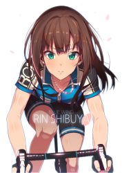 Rule 34 | 10s, 1girl, :&gt;, bicycle, bike jersey, bike shorts, biker clothes, black gloves, blunt bangs, brown hair, character name, cherry blossoms, closed mouth, clothes writing, collarbone, dripping, earrings, english text, erere, fingerless gloves, gloves, green eyes, idolmaster, idolmaster cinderella girls, jewelry, leaning forward, long hair, looking at viewer, necklace, petals, riding, shibuya rin, shiny skin, short sleeves, sidelocks, simple background, sitting, smile, solo, stud earrings, sweat, sweatdrop, white background, zipper