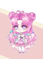 Rule 34 | 1girl, ahoge, ankle bow, ankle ribbon, bow, braid, braided bun, bright pupils, candy hair ornament, chibi, choker, curly hair, double bun, dress, dress bow, fidgeting, finger touching, food-themed hair ornament, frilled choker, frilled dress, frills, frown, full body, furrowed brow, hair bun, hair ornament, hands up, heart, heart ahoge, highres, index fingers together, kumu zaisheng, leg ribbon, lolita fashion, long hair, long sleeves, looking at viewer, original, pantyhose, parted bangs, pink background, pink bow, pink dress, pink eyes, pink hair, pink lips, ribbon, solo, standing, sweet lolita, very long hair, white choker, white pantyhose, white pupils, wide sleeves