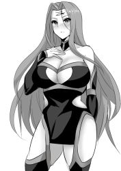 Rule 34 | 1girl, bare shoulders, black thighhighs, blush, breasts, choker, cleavage, cleavage cutout, clothing cutout, cowboy shot, detached sleeves, dress, fate/grand order, fate/stay night, fate (series), greyscale, large breasts, long hair, looking at viewer, medusa (fate), medusa (rider) (fate), medusa (rider) (third ascension) (fate), monochrome, nib pen (medium), solo, standing, thighhighs, traditional media, very long hair