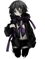 Rule 34 | 1girl, black jacket, black thighhighs, blood, character request, cowboy shot, cropped legs, expressionless, gauze over eye, grey hair, hair between eyes, hen10, high collar, jacket, looking at viewer, open clothes, open jacket, purple eyes, short hair, simple background, solo, thighhighs, utau, white background