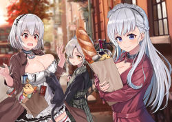 Rule 34 | 3girls, alternate costume, animal, autumn, autumn leaves, ayul (ayulneri 92), azur lane, bag, baguette, belfast (azur lane), bird, black dress, blurry, bottle, braid, bread, breasts, brown jacket, building, can, canned food, carrot, casual, cat, chick, cleavage, closed mouth, coat, collar, commentary request, day, depth of field, dress, food, frilled dress, frills, grey dress, grey hair, groceries, grocery bag, hair over one eye, halterneck, hands up, headdress, highres, jacket, large breasts, long hair, looking at viewer, maid, manjuu (azur lane), multiple girls, open clothes, open jacket, open mouth, outdoors, parted lips, purple eyes, red coat, red eyes, sheffield (azur lane), shopping bag, short hair, sirius (azur lane), smile, thighhighs, tree, white legwear, wine bottle, wing collar, yellow eyes, zettai ryouiki