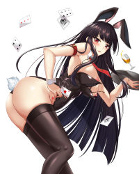 Rule 34 | 1girl, absurdres, ace (playing card), ace of hearts, animal ears, armband, ass, bare shoulders, black hair, black leotard, black thighhighs, blunt bangs, blush, breasts, breasts out, card, coffin, counter:side, cup, detached collar, detached sleeves, drinking glass, elze (s01047480836), fake animal ears, feet out of frame, four of spades, hand on own hip, heart, highleg, highleg leotard, highres, holding, holding tray, joker (playing card), korean commentary, leaning forward, leotard, long hair, looking at viewer, nail polish, necktie, nipples, parted lips, playboy bunny, playing card, rabbit tail, red eyes, red nails, red necktie, shiny clothes, sideboob, simple background, solo, spill, strapless, strapless leotard, tail, thighhighs, thighs, three of diamonds, tray, white background, wine glass, wrist cuffs, yen xing lanchester