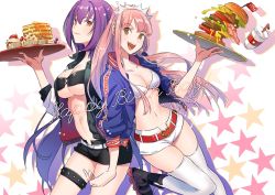 Rule 34 | 2girls, bikini, bikini top only, breasts, brown eyes, burger, butter, cleavage, cup, cupcake, drinking straw, fate/grand order, fate (series), food, happy birthday, hinatsu, jacket, large breasts, medb (fate), medb (fate), medium breasts, multiple girls, navel, pancake, pink hair, purple hair, red eyes, roller skates, scathach (fate), scathach (fate), short shorts, shorts, skates, swimsuit, syrup, thigh strap, tiara, tray, underboob