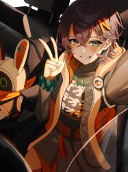 1girl bangboo_(zenless_zone_zero) belle_(zenless_zone_zero) black_jacket black_shirt blush breasts brown_hair car_interior eous_(zenless_zone_zero) green_eyes hair_between_eyes hair_ornament highres hood hooded_jacket jacket long_sleeves looking_at_viewer nanaphawat selfie shirt short_hair solo v zenless_zone_zero