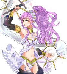 Rule 34 | aqua eyes, bare shoulders, braid, breasts, cleavage, cowboy shot, dancer, dress, fire emblem, fire emblem heroes, hairband, highres, long hair, medium breasts, midriff, navel, nintendo, olivia (fire emblem), open mouth, pink hair, ponytail, sash, see-through, side braid, simple background, solo, spiked ring, sword, twin braids, tyotto ko i, weapon, white background