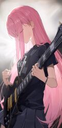 Rule 34 | 1girl, black shirt, bocchi the rock!, bracelet, breasts, closed eyes, closed mouth, clothes writing, electric guitar, eyes visible through hair, gibson les paul, gotoh hitori, grey background, grey skirt, guitar, hair between eyes, hands up, highres, holding, holding instrument, instrument, jewelry, kosubi (tsuneta328), light, long hair, medium breasts, music, pink hair, playing instrument, shirt, short sleeves, sidelocks, skirt, solo, stage lights, standing, sweat, sweatdrop, t-shirt, v-shaped eyebrows, very long hair, white background