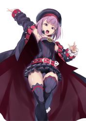 Rule 34 | 1girl, arm up, armpits, black hat, black panties, black thighhighs, breasts, commentary request, detached collar, dress, fate/grand order, fate (series), hat, helena blavatsky (fate), helena blavatsky (third ascension) (fate), looking at viewer, panties, purple eyes, purple hair, sefirot, short hair, simple background, small breasts, solo, strapless, strapless dress, takahan, thighhighs, underwear, white background