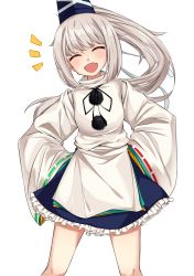 Rule 34 | 1girl, :d, ^ ^, black ribbon, blouse, blue hat, blue skirt, blush, closed eyes, facing viewer, fang, feet out of frame, hands on own hips, hat, highres, long hair, long sleeves, miniskirt, momendoufu, mononobe no futo, neck ribbon, open mouth, petticoat, pom pom (clothes), ponytail, ribbon, ribbon-trimmed sleeves, ribbon trim, shirt, silver hair, simple background, skin fang, skirt, smile, solo, standing, tate eboshi, thighs, touhou, white background, white ribbon, white shirt, wide sleeves