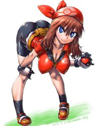 Rule 34 | 1girl, 2017, alternate color, amania orz, ass, bandana, belt, bike shorts, black socks, blue eyes, blush, breasts, brown hair, cleavage, closed mouth, collarbone, commentary request, covered erect nipples, creatures (company), dated, full body, game freak, gloves, hand on own knee, hanging breasts, impossible clothes, impossible shirt, large breasts, leaning forward, looking at viewer, may (pokemon), medium breasts, nintendo, poke ball, pokemon, pokemon (anime), pokemon rgby, pokemon rse, sagging breasts, shiny clothes, shiny skin, shirt, shoes, short hair, smile, sneakers, socks, solo, standing, twitter username, white background