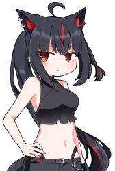 Rule 34 | 1girl, animal ear fluff, animal ears, bare arms, bare shoulders, black hair, chibi, crop top, dark persona, ear piercing, extra ears, fox ears, fox girl, fox tail, halter shirt, halterneck, hand on own hip, hololive, kurokami fubuki, looking at viewer, midriff, multicolored hair, navel, piercing, ponytail, rabiiandrain, red eyes, simple background, solo, streaked hair, tail, virtual youtuber, white background
