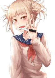 Rule 34 | 10s, 1girl, :d, absurdres, blonde hair, blue sailor collar, blunt bangs, boku no hero academia, brown eyes, cardigan, double bun, hair bun, highres, holding, holding knife, knife, licking, licking blade, looking at viewer, madao, neckerchief, open mouth, red neckerchief, sailor collar, school uniform, sidelocks, simple background, smile, solo, toga himiko, tongue, tongue out, upper body, white background, white cardigan