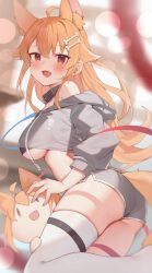 Rule 34 | 1girl, :d, absurdres, ahoge, animal ear fluff, animal ears, ass, bare shoulders, blush, breasts, character doll, character request, collar, copyright request, crop top, dolphin shorts, extra ears, fang, from side, highres, large breasts, long hair, long sleeves, looking at viewer, looking to the side, open mouth, orange hair, red eyes, revealing clothes, short shorts, shorts, skin fang, skindentation, smile, solo, standing, standing on one leg, tail, thighhighs, toki (1243309499), underboob, virtual youtuber, white thighhighs