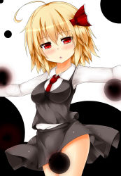 Rule 34 | 1girl, ahoge, black skirt, blonde hair, blush, bow, breasts, darkness, dress shirt, hair bow, hair ribbon, highres, large breasts, looking at viewer, md5 mismatch, necktie, open mouth, outstretched arms, red eyes, red necktie, ribbon, rumia, shirt, short hair, simple background, skirt, solo, standing, touhou, us2s, vest, white shirt, wing collar
