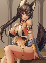 Rule 34 | 1girl, :3, animal ears, ankh, armlet, bracelet, breasts, brown hair, choker, circlet, commentary request, dark-skinned female, dark skin, egyptian, egyptian clothes, gold trim, highres, jackal ears, jackal tail, jewelry, large breasts, long hair, looking at viewer, moppo, original, ponytail, red eyes, sitting, solo, thighlet