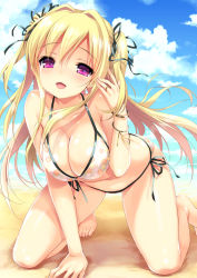 Rule 34 | 1girl, all fours, bad id, bad pixiv id, bare shoulders, barefoot, beach, bikini, blonde hair, blue sky, bracelet, breasts, cleavage, cloud, collarbone, day, emily (pure dream), floral print, hair intakes, hair ribbon, halterneck, jewelry, large breasts, long hair, looking at viewer, navel, open mouth, original, outdoors, purple eyes, revision, ribbon, ring, sand, shadow, side-tie bikini bottom, sky, smile, solo, stomach, swimsuit, thighs, two side up, wedding ring, white bikini