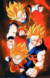 Rule 34 | absurdres, angry, dragonball z, father and son, fighting stance, fire, highres, official art, screaming, son gohan, son goku, son goten, tagme