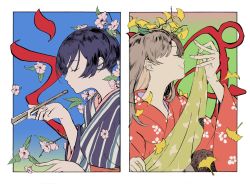 Rule 34 | 2girls, closed eyes, flower, framed, hand fan, highres, japanese clothes, kimono, memotyoumemo, multiple girls, original, paper fan, profile, short hair