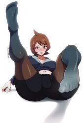 Rule 34 | 1girl, arezu (pokemon), ass, blush, breasts, creatures (company), crotch, feet, foot focus, game freak, gradient clothes, gradient legwear, highres, hood, hooded jacket, jacket, katsuneisenpai, leaning back, legs, legs up, looking at viewer, navel, nintendo, pantyhose, pantyhose under shorts, poke ball, pokemon, pokemon legends: arceus, red eyes, shoes, short hair, shorts, sitting, soles, solo, spread legs, stomach, thighs, toe-point, toes, two-tone legwear, unworn shoes, white background