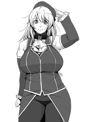 Rule 34 | 10s, 1girl, atago (kancolle), breasts, ganto, huge breasts, kantai collection, long hair, looking at viewer, monochrome, plump, simple background, tagme