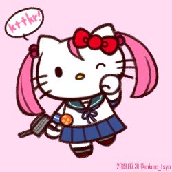 Rule 34 | 1girl, adapted turret, artist name, badge, blue sailor collar, blue skirt, bow, cat, commentary request, cosplay, dated, full body, hair bobbles, hair bow, hair ornament, hello kitty, hello kitty (character), kantai collection, no mouth, one eye closed, pink background, pink hair, pleated skirt, red bow, sailor collar, sanrio, sazanami (kancolle), sazanami (kancolle) (cosplay), school uniform, serafuku, short hair, simple background, skirt, solo, tasogare yanio, twintails