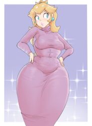 1girl absurdres blonde_hair blue_eyes blush crown dress earrings hands_on_own_hips highres jewelry lickagoat long_hair mario_(series) nintendo princess_peach thick_lips thick_thighs thighs turtleneck wide_hips