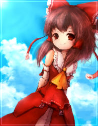 Rule 34 | 1girl, amano jack, bad id, bad pixiv id, brown hair, cloud, day, detached sleeves, female focus, frills, hakurei reimu, highres, japanese clothes, miko, red eyes, ribbon, sky, smile, solo, touhou