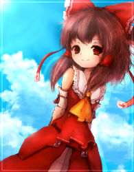 1girl amano_jack bad_id bad_pixiv_id brown_hair cloud day detached_sleeves female_focus frills hakurei_reimu highres japanese_clothes miko red_eyes ribbon sky smile solo touhou