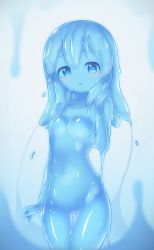 Rule 34 | 1girl, blue eyes, blue hair, blush, breasts, curss, highres, looking at viewer, miragetiki, monster girl, no nipples, no pussy, parted lips, slime girl, small breasts, solo