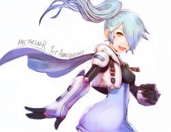 Rule 34 | 1girl, arc the lad, blue hair, breasts, dress, gloves, hair over one eye, highres, long hair, looking at viewer, magmastudio, open mouth, ponytail, simple background, smile, solo, white background, yellow eyes